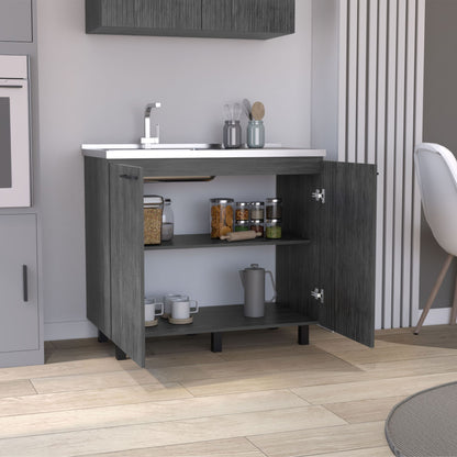 2 Freestanding Utility Base Cabinet with Stainless Steel Countertop and 2-Door, Smokey Oak image 3