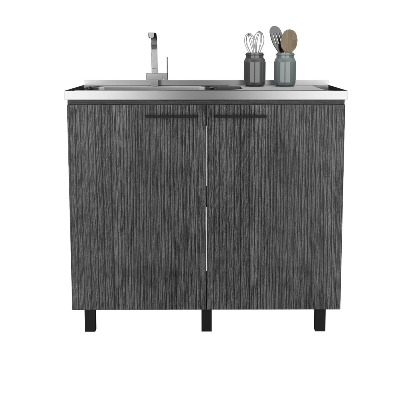 2 Freestanding Utility Base Cabinet with Stainless Steel Countertop and 2-Door, Smokey Oak image 5
