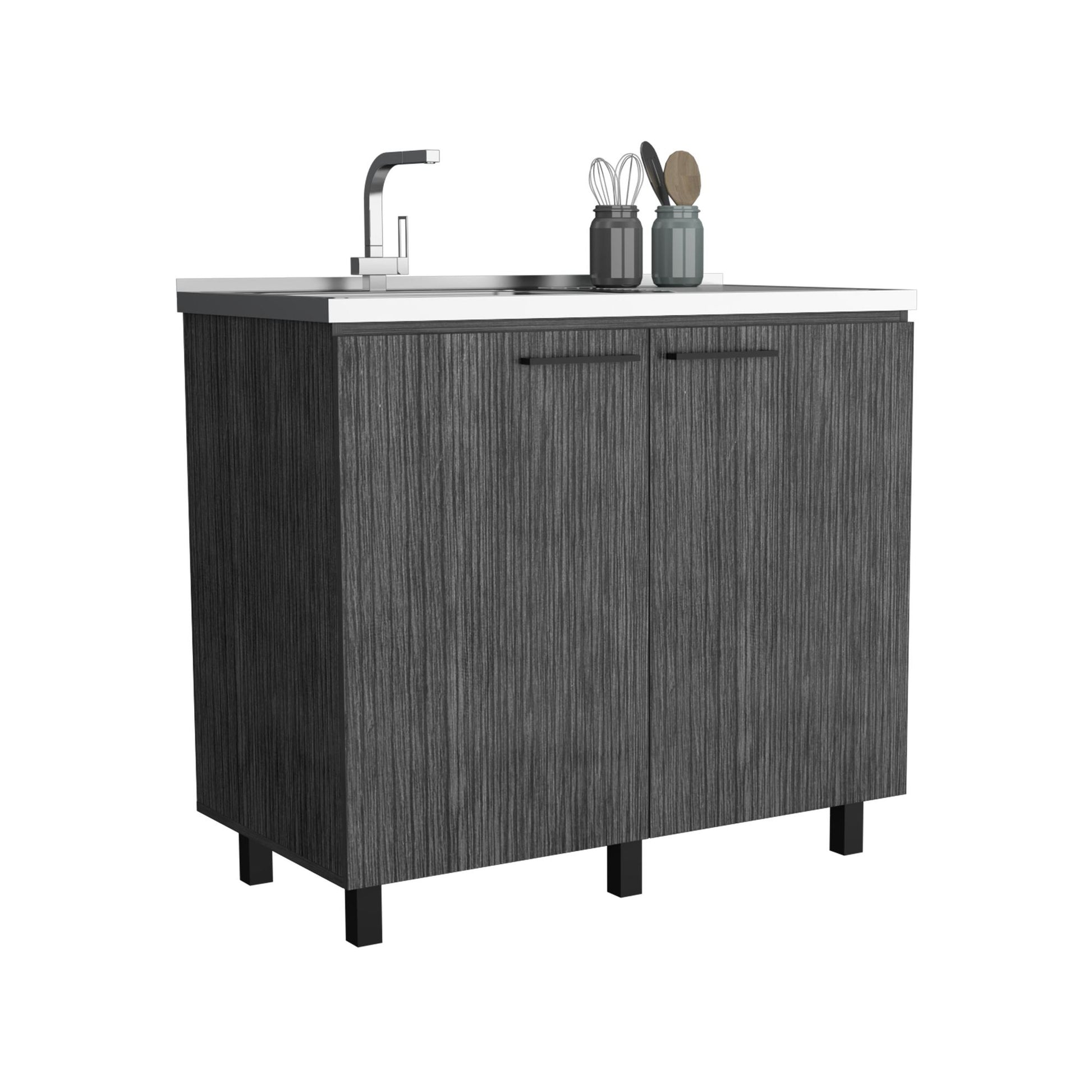 2 Freestanding Utility Base Cabinet with Stainless Steel Countertop and 2-Door, Smokey Oak image 6