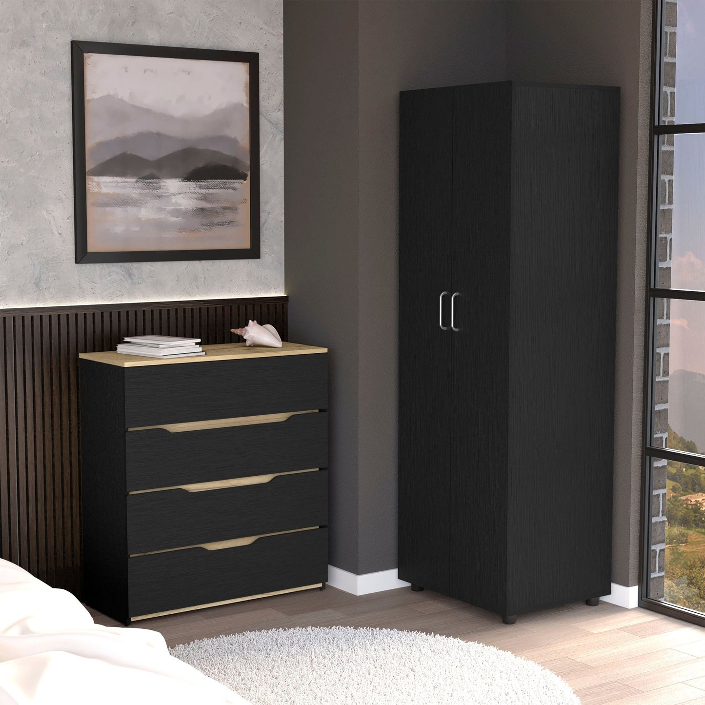 2 Piece Bedroom Set, London Armoire + Aralia Drawer Dresser, Black / Light Oak image 1