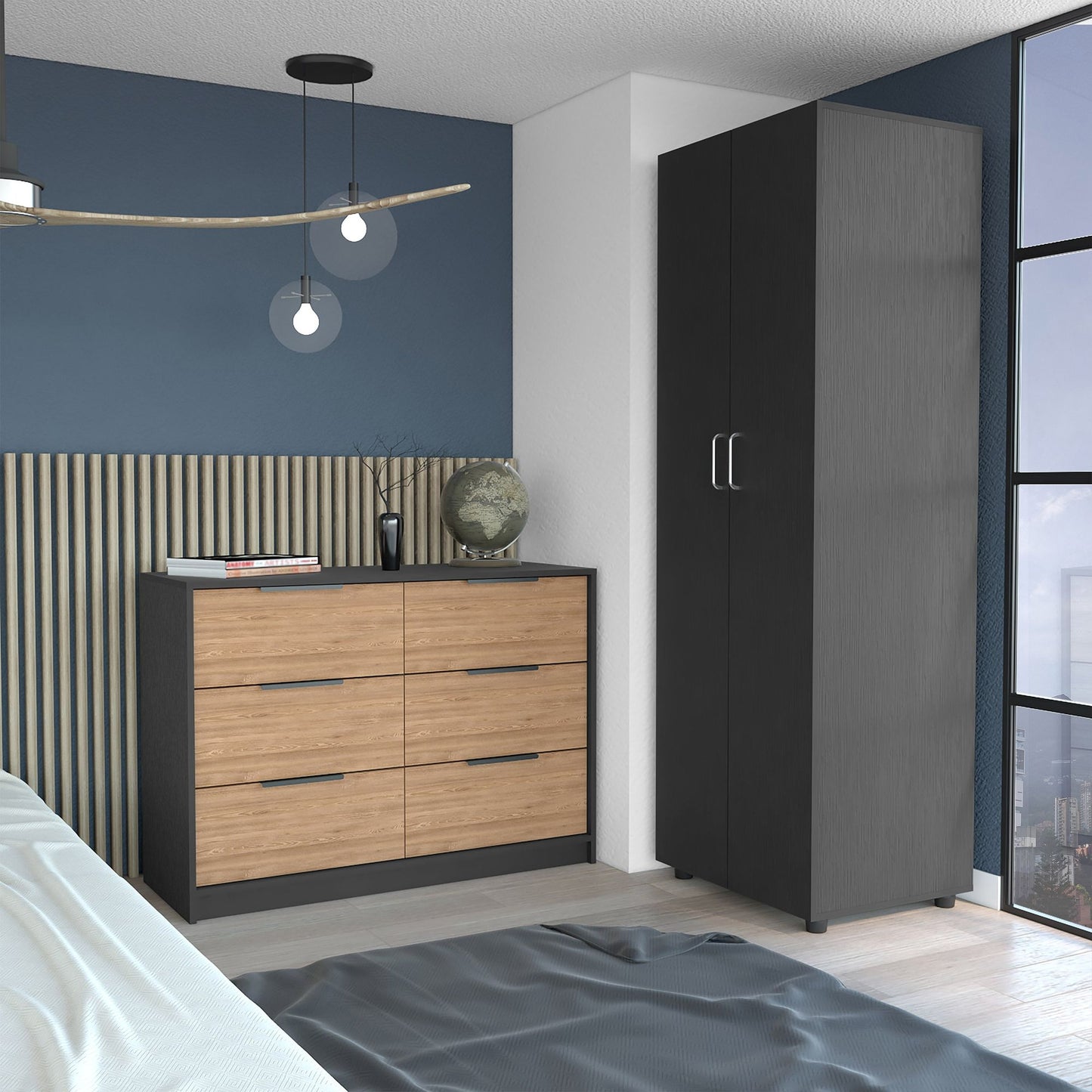 2 Piece Bedroom Set, London Armoire + Egeo 4 Drawer Dresser, Black / Pine image 1
