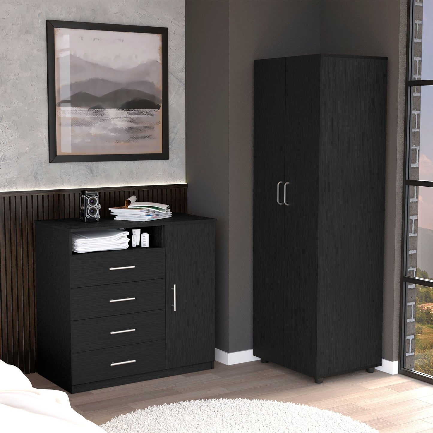 2 Piece Bedroom Set, London Armoire + Rioja 4 Drawer Dresser, Black image 1