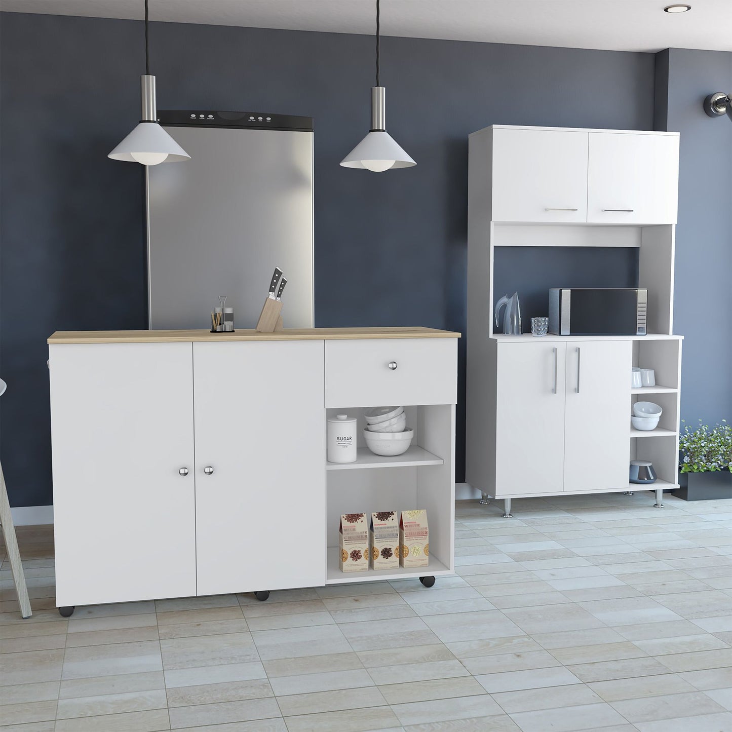 2 Piece Kitchen Set, Syros Kitchen Island Cart + Malta Kitchen Pantry Cabinet, White / Light Oak image 1