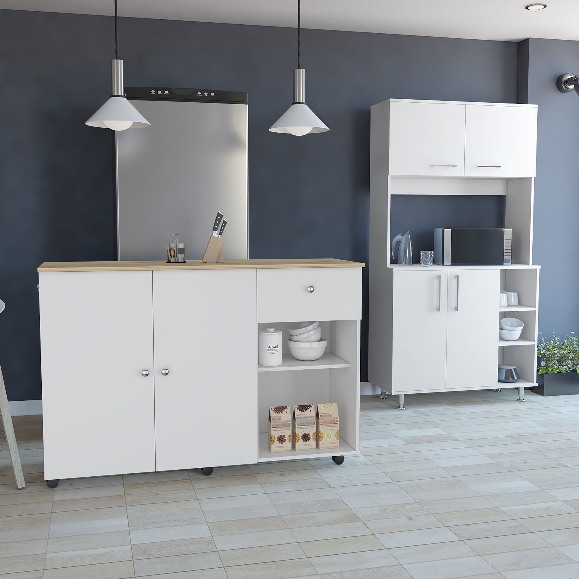 2 Piece Kitchen Set, Syros Kitchen Island Cart + Malta Kitchen Pantry Cabinet, White / Light Oak image 1