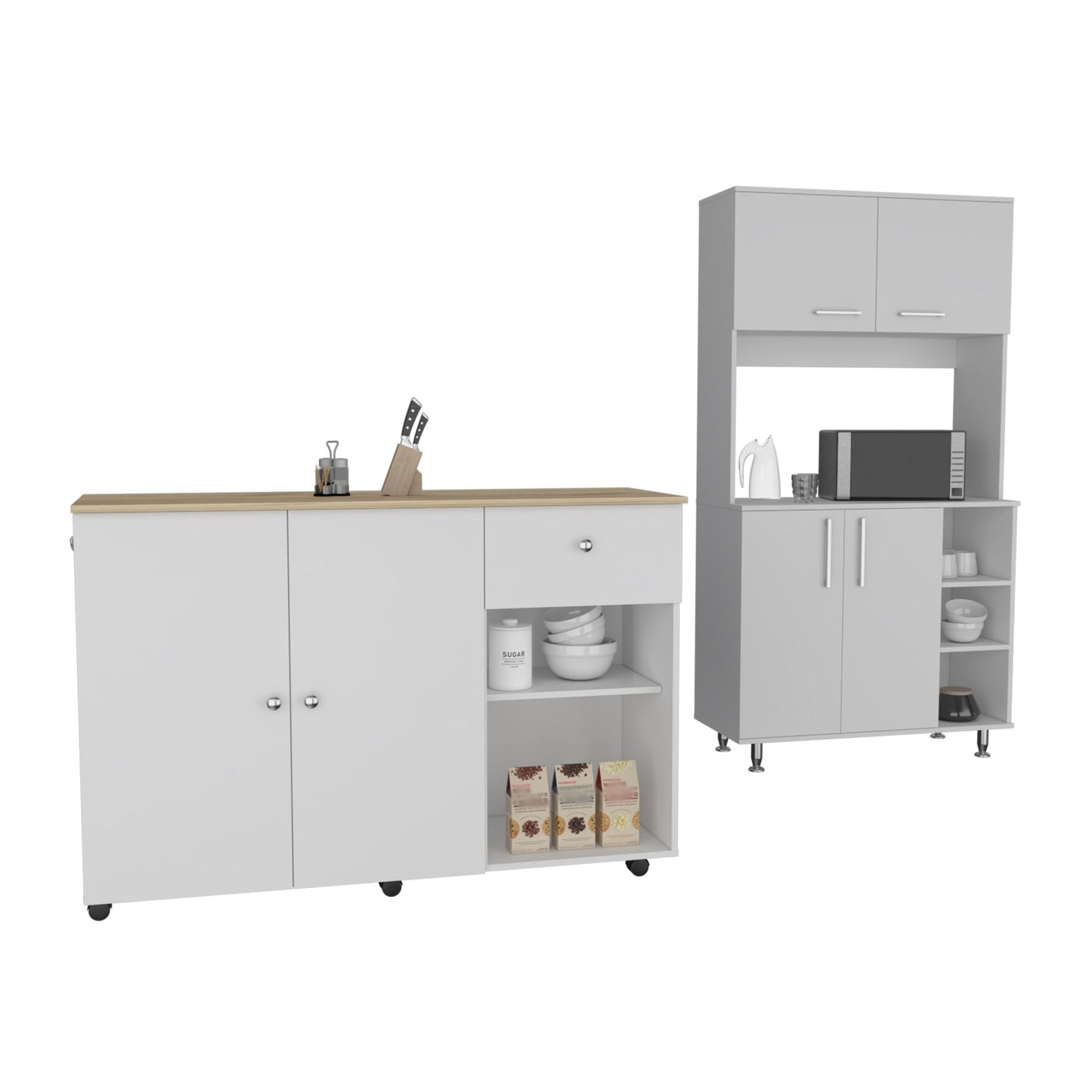 2 Piece Kitchen Set, Syros Kitchen Island Cart + Malta Kitchen Pantry Cabinet, White / Light Oak image 2