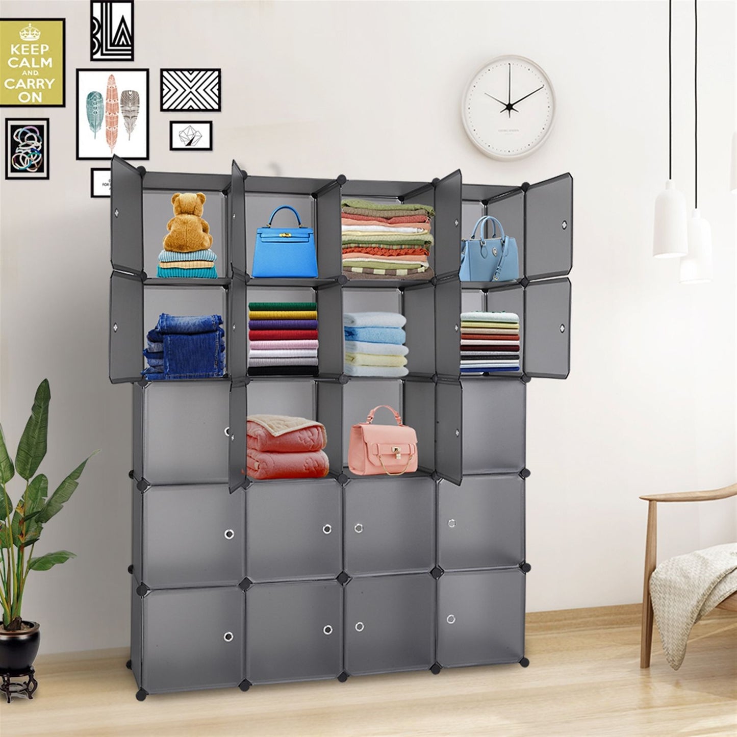 20 Cube Organizer Stackable Plastic Storage Shelves with Hanging Rod Gray - Multiple Configurations