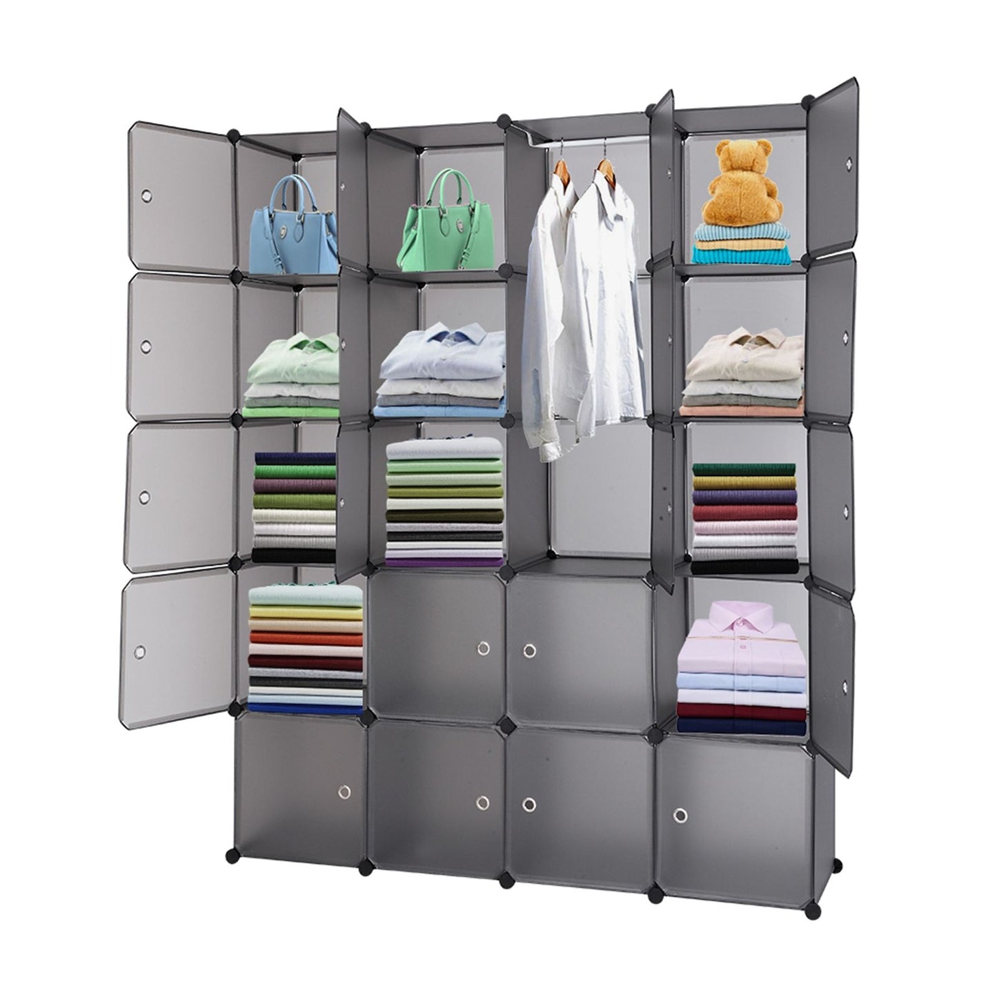 20 Cube Organizer Stackable Plastic Storage Shelves with Hanging Rod Gray - Living Room