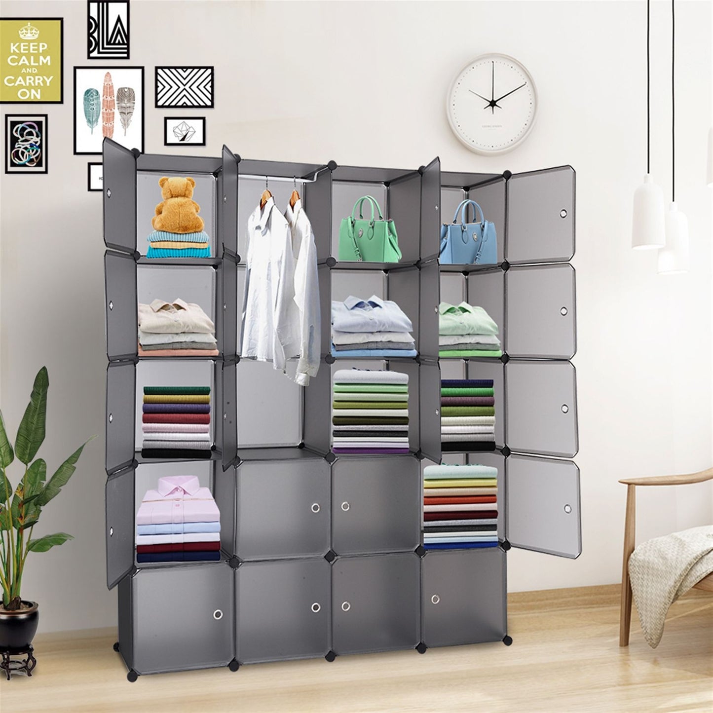 20 Cube Organizer Stackable Plastic Storage Shelves with Hanging Rod Gray - Entryway