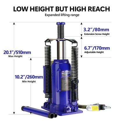 20 Ton Pneumatic Air Hydraulic Bottle Jack with Manual Hand Pump Heavy Duty Auto Truck Travel Trailer Repair Lift image 2