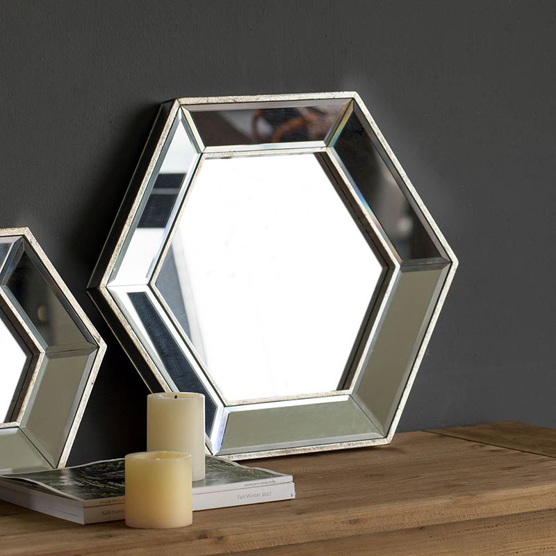 Close-up of hexagon mirror showing silver and clear tones