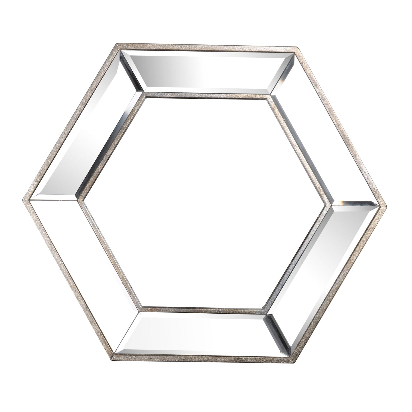 Hexagon wall mirror with contemporary glass design in living room setting