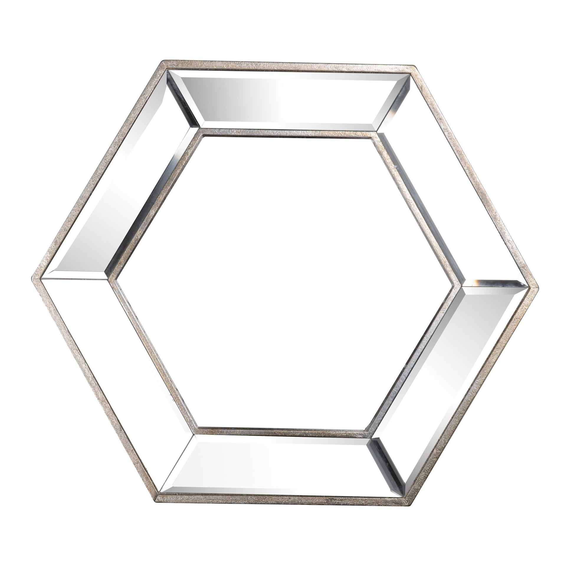 Hexagon wall mirror with contemporary glass design in living room setting