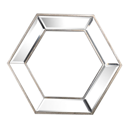 Hexagon wall mirror with contemporary glass design in living room setting