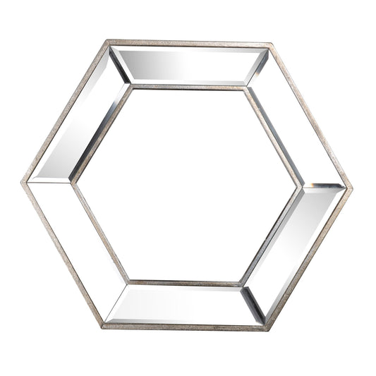 Hexagon wall mirror with contemporary glass design in living room setting