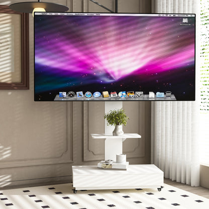 TV stand with push-pull drawer for Living Room, Bedroom,Offices,Adjustable Height Mobile TV Cart for 32-75 inches,tv stand with wheels,White image 1