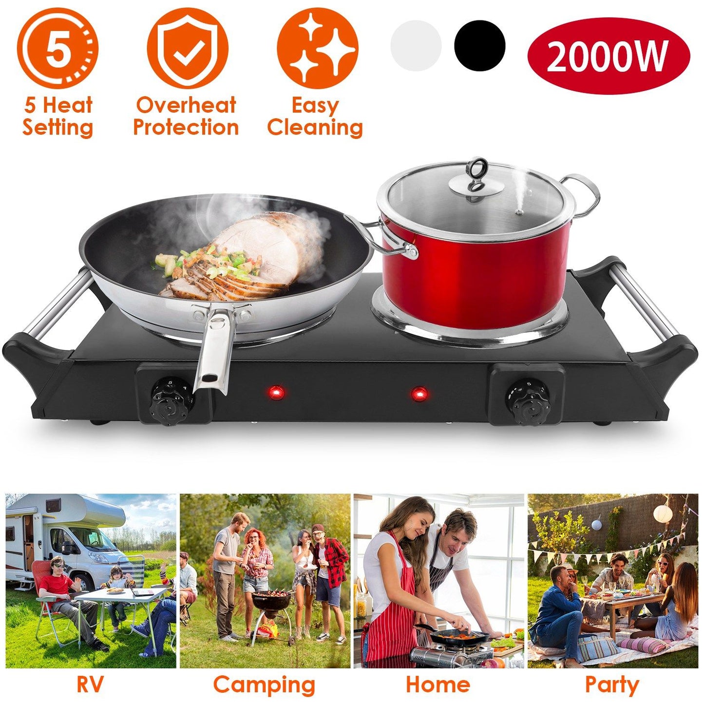 2000W Electric Dual Burner Portable Coil Heating Hot Plate Stove Countertop RV Hotplate with 5 Temperature Adjustments P image 1