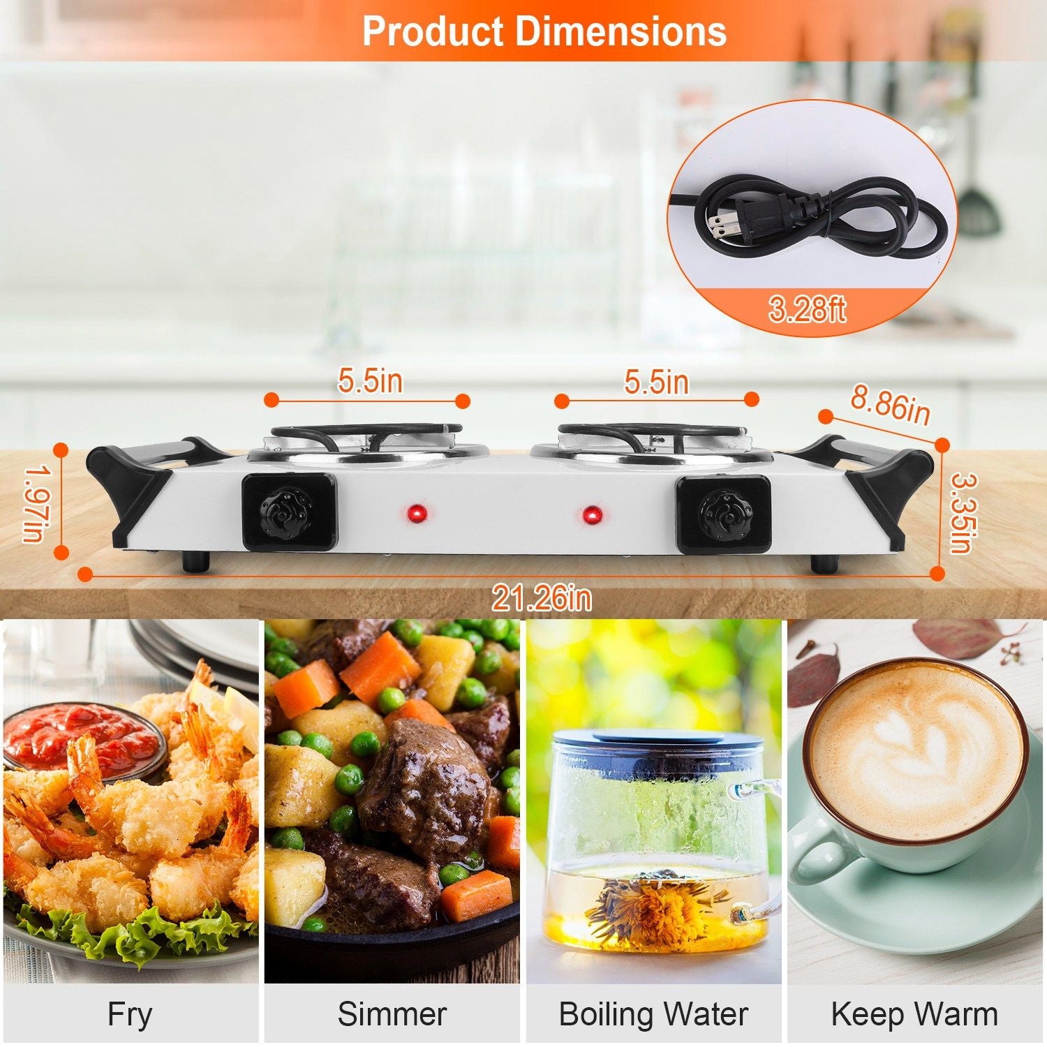 2000W Electric Dual Burner Portable Coil Heating Hot Plate Stove Countertop RV Hotplate with 5 Temperature Adjustments P image 6