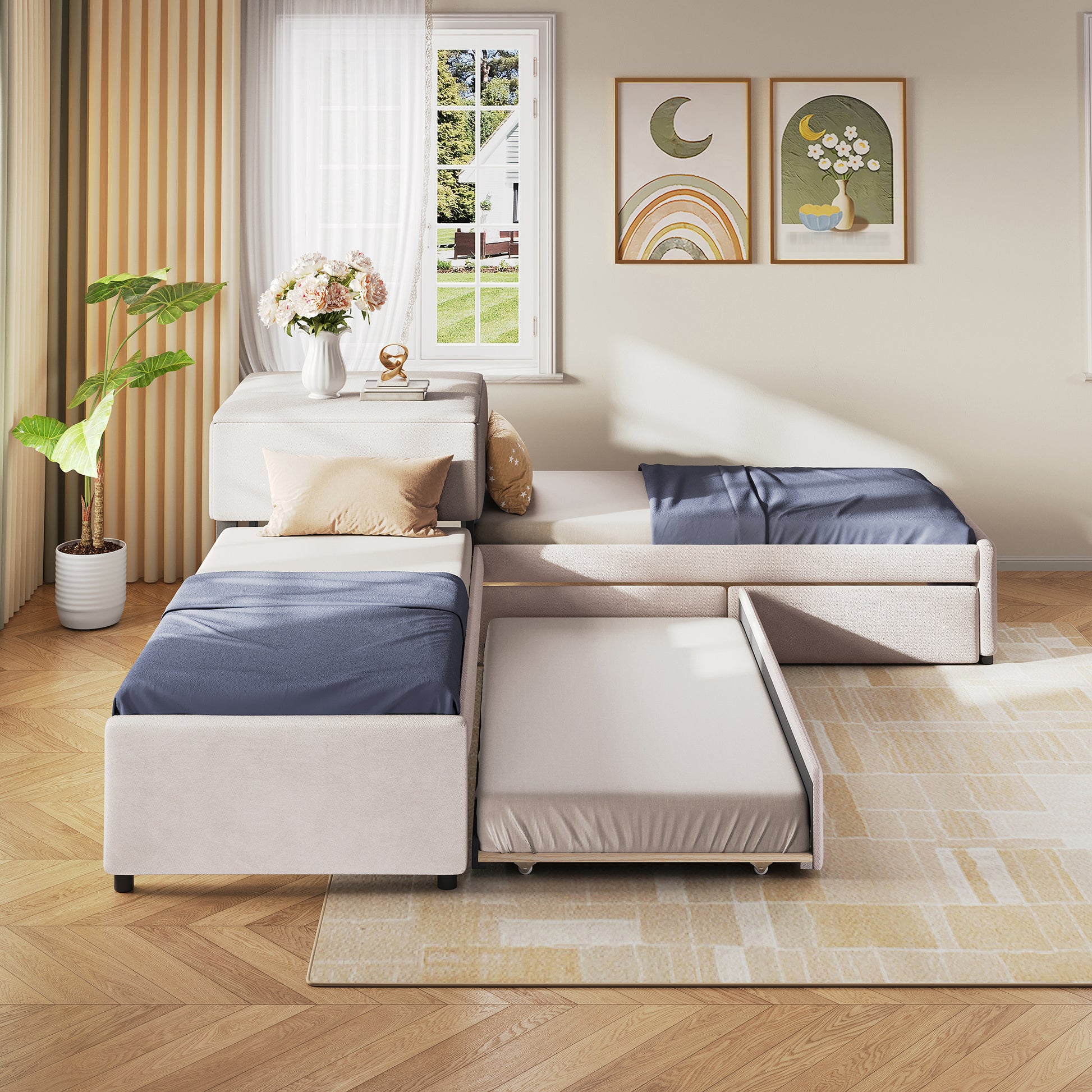 L-shaped Upholstered Platform Bed with Trundle and Two Drawers Linked with built-in Desk,Twin,Beige image 3