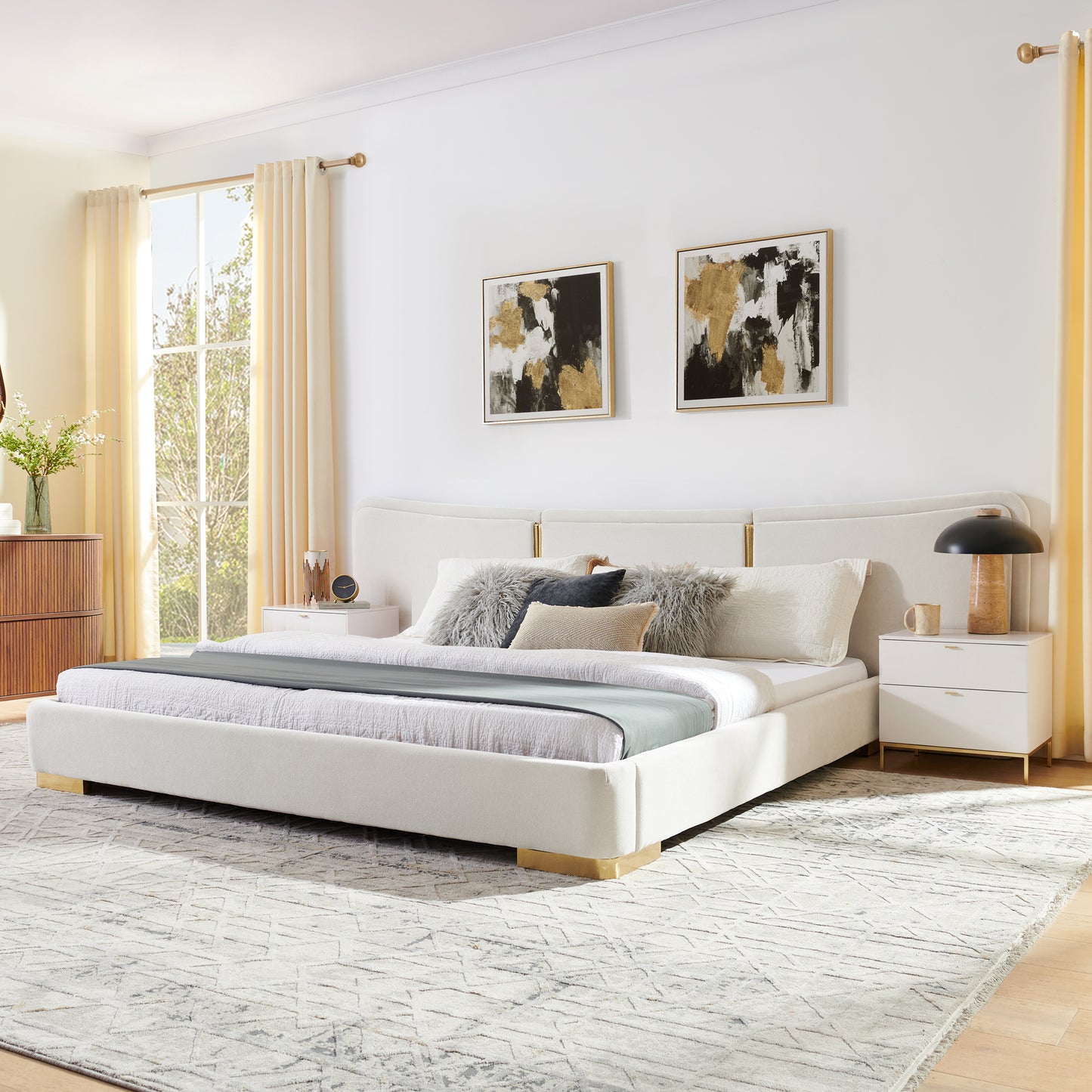 King Size Extra Large Platform Bed, Soft Chenille Fabric Frame, Curved Headboard, Reinforced Electroplated Metal Legs, Flexible DIY Side Space Design-Beige image 2