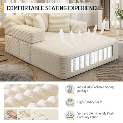 Luxurious Plush Corduroy Chaise Lounge with 3 Pillows, Convertible Sofa Bed with Storage Pocket, Frameless Design & Compression Foam for Small Spaces, Living Room, Apartment,Beige&White image 11