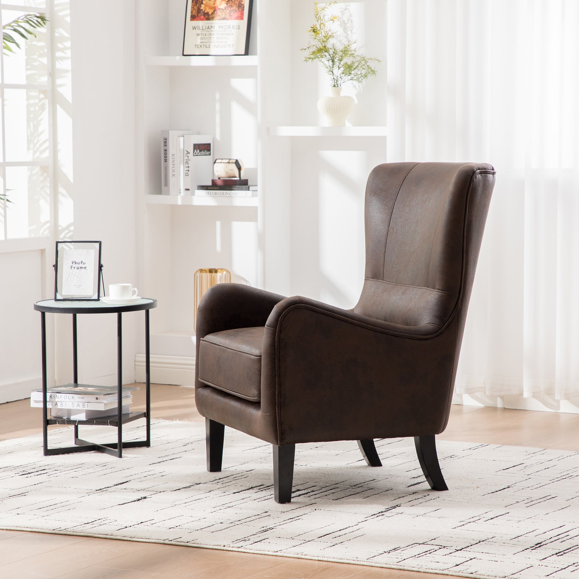 28"W PU High Back Accent Chair, Upholstered Armchair for Living Room, Retro Wingback Arm Chair,Single Sofa Bedroom Reading Seat with Solid Wood Legs, Brown image 7