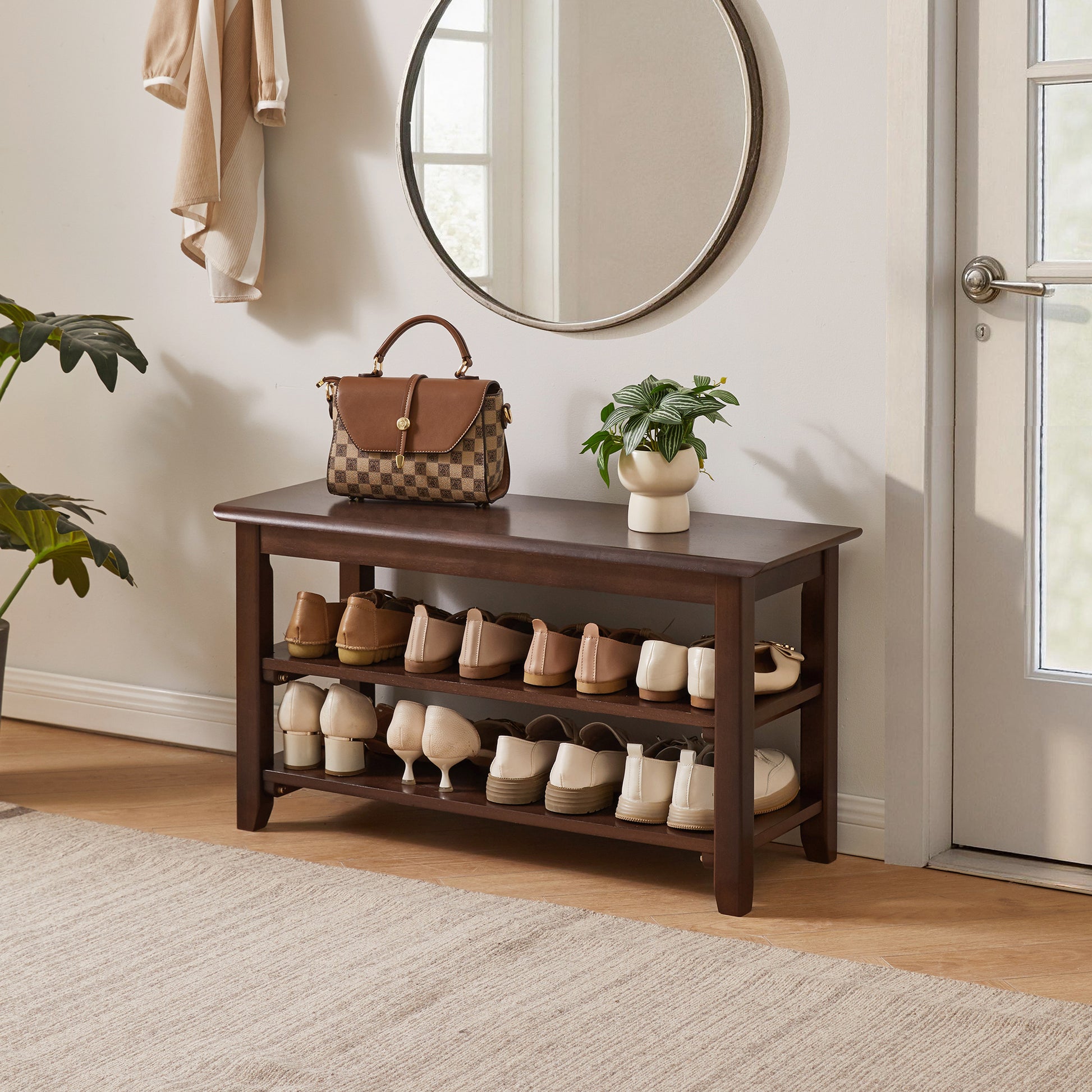2-Tier Solid Wood Shoe Bench, Entryway Shoe Rack with Storage Shelves, Hallway Seat Bench for Shoes image 2