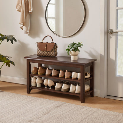 2-Tier Solid Wood Shoe Bench, Entryway Shoe Rack with Storage Shelves, Hallway Seat Bench for Shoes image 2