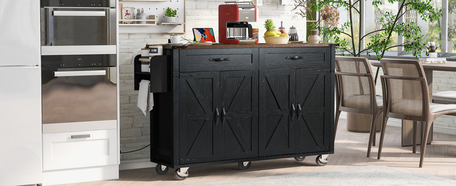 K&K 53.5''Farmhouse Kitchen Island with Power Outlet, Kitchen Storage Island with Drop Leaf, Spice Rack and Drawer, Rolling Kitchen Cart on Wheels, for Home, Kitchen and Dining Room, Black image 6