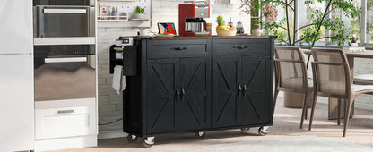 K&K 53.5''Farmhouse Kitchen Island with Power Outlet, Kitchen Storage Island with Drop Leaf, Spice Rack and Drawer, Rolling Kitchen Cart on Wheels, for Home, Kitchen and Dining Room, Black image 6