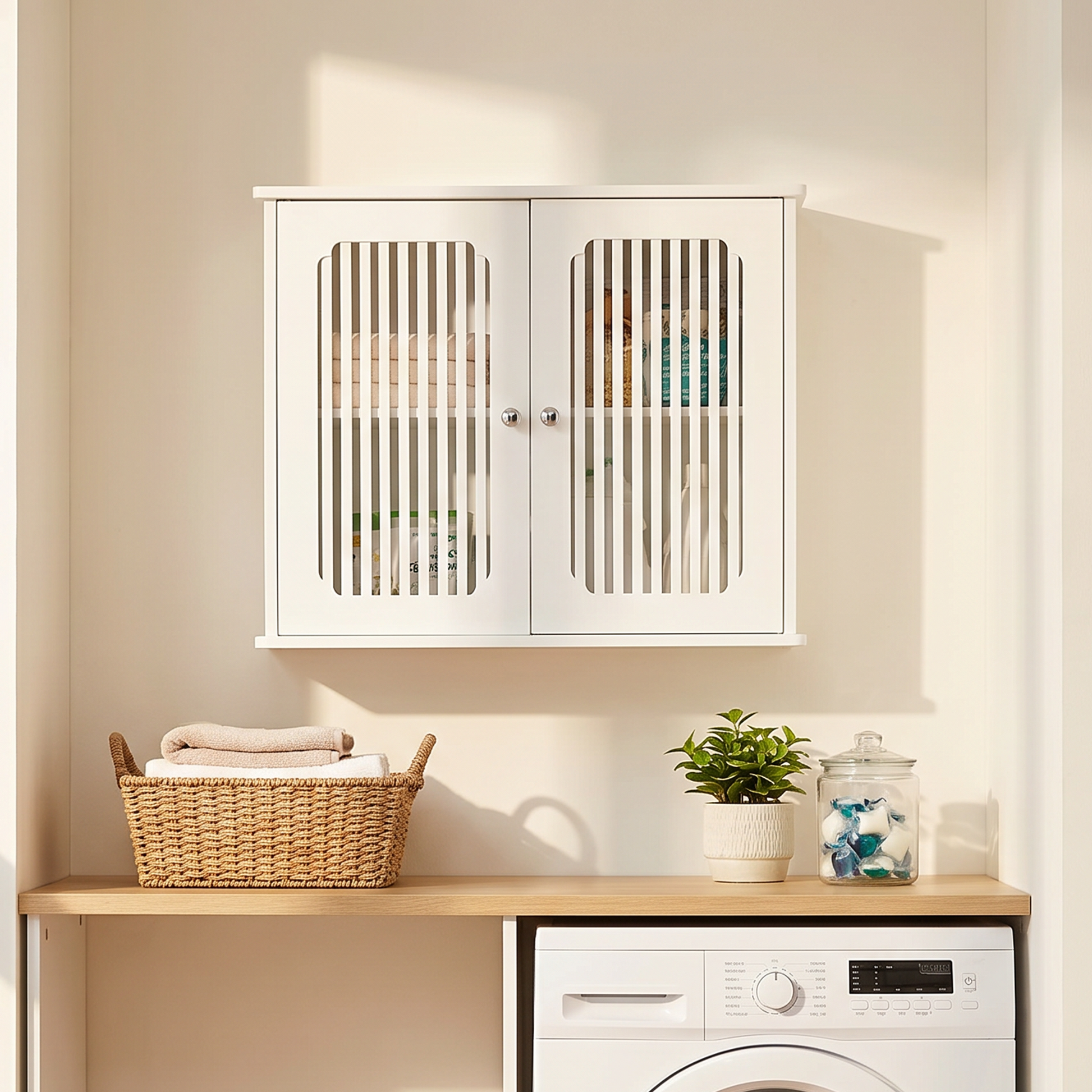 Bathroom wall-mounted cabinet, louvered double-door wall-mounted bathroom storage cabinet, practical medicine cabinet, household wall storage cabinet, white. image 1