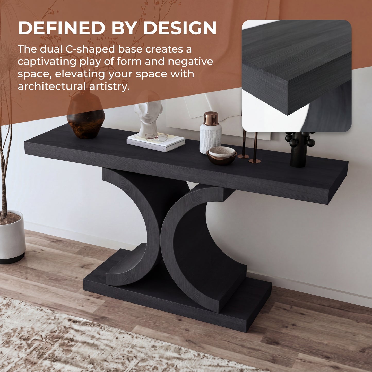 60" Black Console Table, Modern Narrow Sofa Table with Sculptural Curved Base, MDF with Real Wood Veneer Entryway Table, for Living Room, Hallway, Foyer, Black Oak image 10