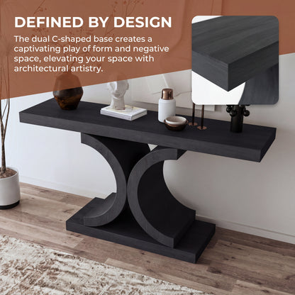 60" Black Console Table, Modern Narrow Sofa Table with Sculptural Curved Base, MDF with Real Wood Veneer Entryway Table, for Living Room, Hallway, Foyer, Black Oak image 10