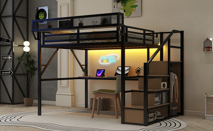 Queen Loft Bed with Desk and Charging Station, Queen Size Metal Loft Bed with Stairs and Light for Kids Teens, Black, Patent Products(OldSKU W2580S00044) image 9