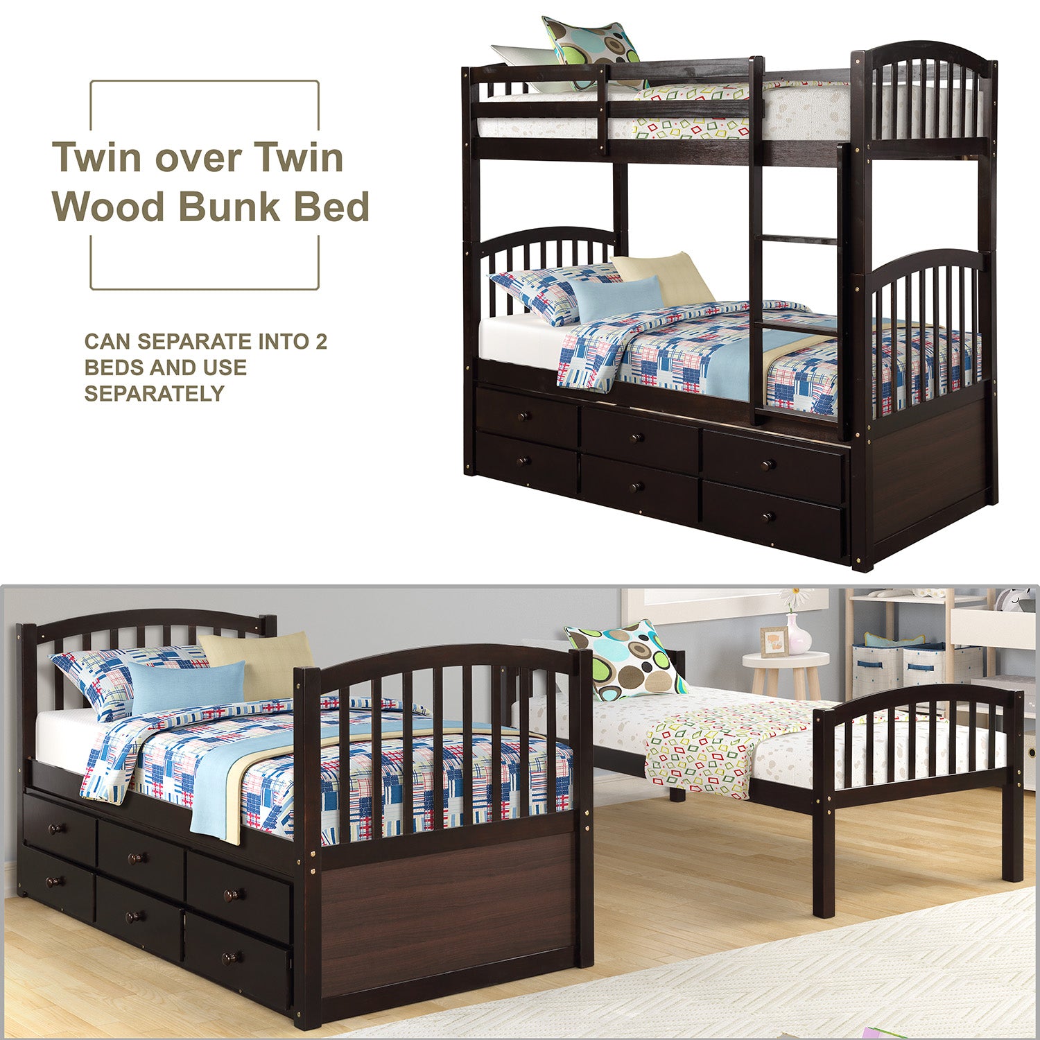 Twin Bunk Bed with Ladder, Safety Rail, Twin Trundle Bed with 3 Drawers for Teens Bedroom, Guest Room Furniture(Espresso)(OLD SKU:LT000071AAP) image 6