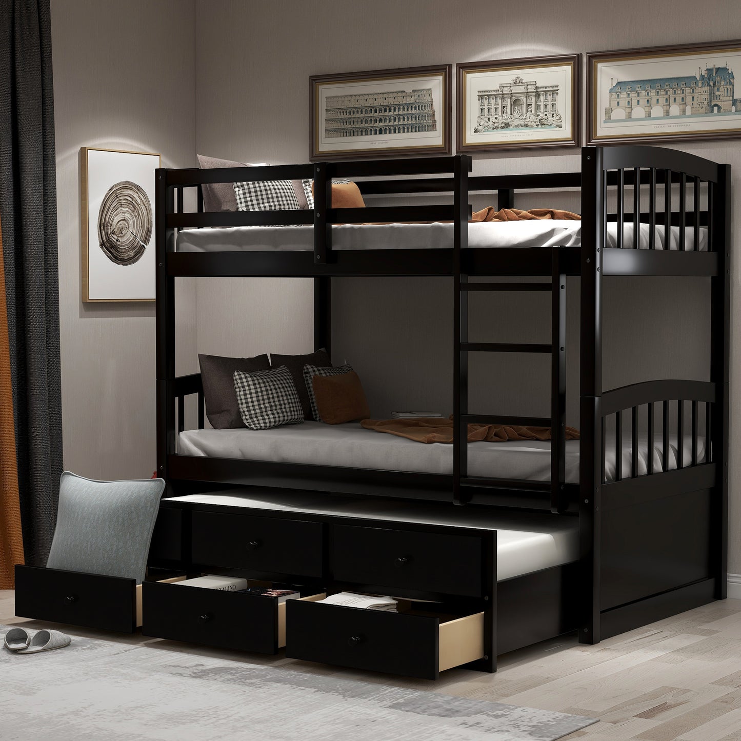 Twin Bunk Bed with Ladder, Safety Rail, Twin Trundle Bed with 3 Drawers for Teens Bedroom, Guest Room Furniture(Espresso)(OLD SKU:LT000071AAP) image 1