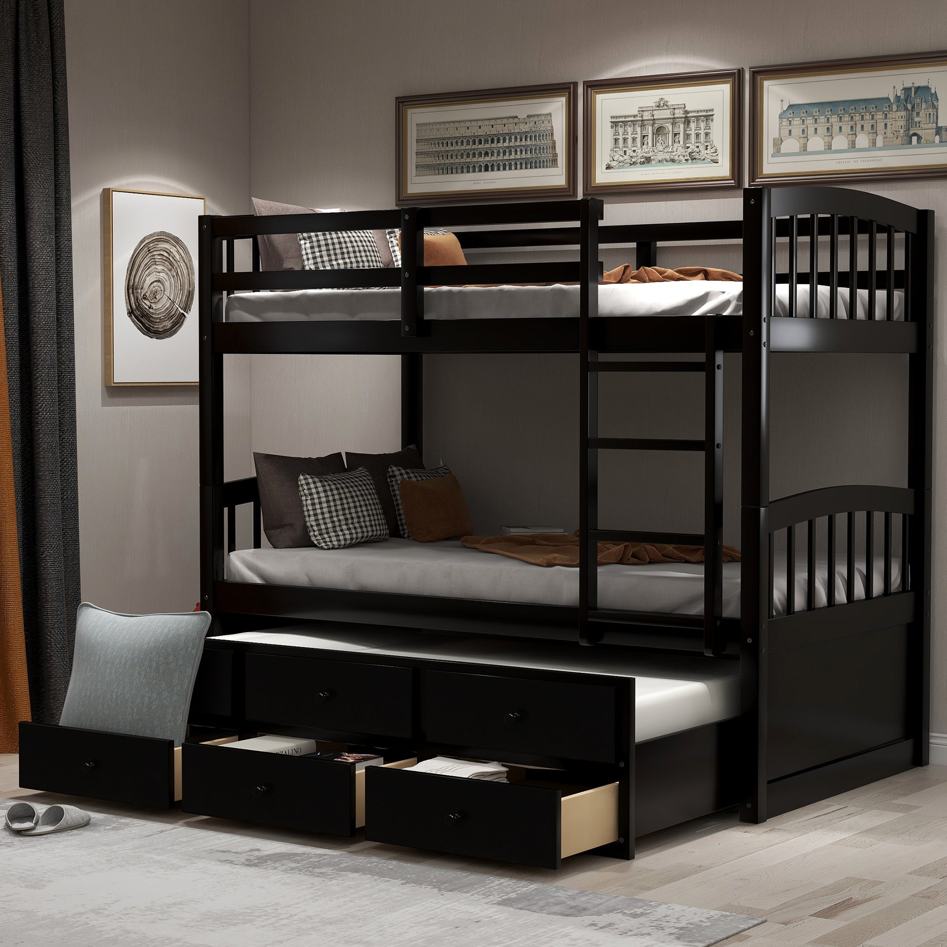 Twin Bunk Bed with Ladder, Safety Rail, Twin Trundle Bed with 3 Drawers for Teens Bedroom, Guest Room Furniture(Espresso)(OLD SKU:LT000071AAP) image 1