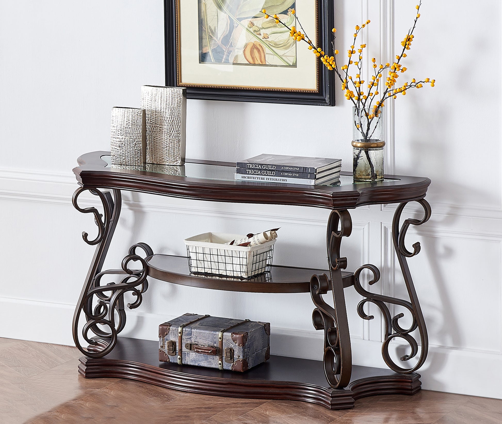 Sofa Table, Glass table top, MDF W/marble paper middle shelf, powder coat finish metal legs. (54"Lx20"Wx30"H) image 10