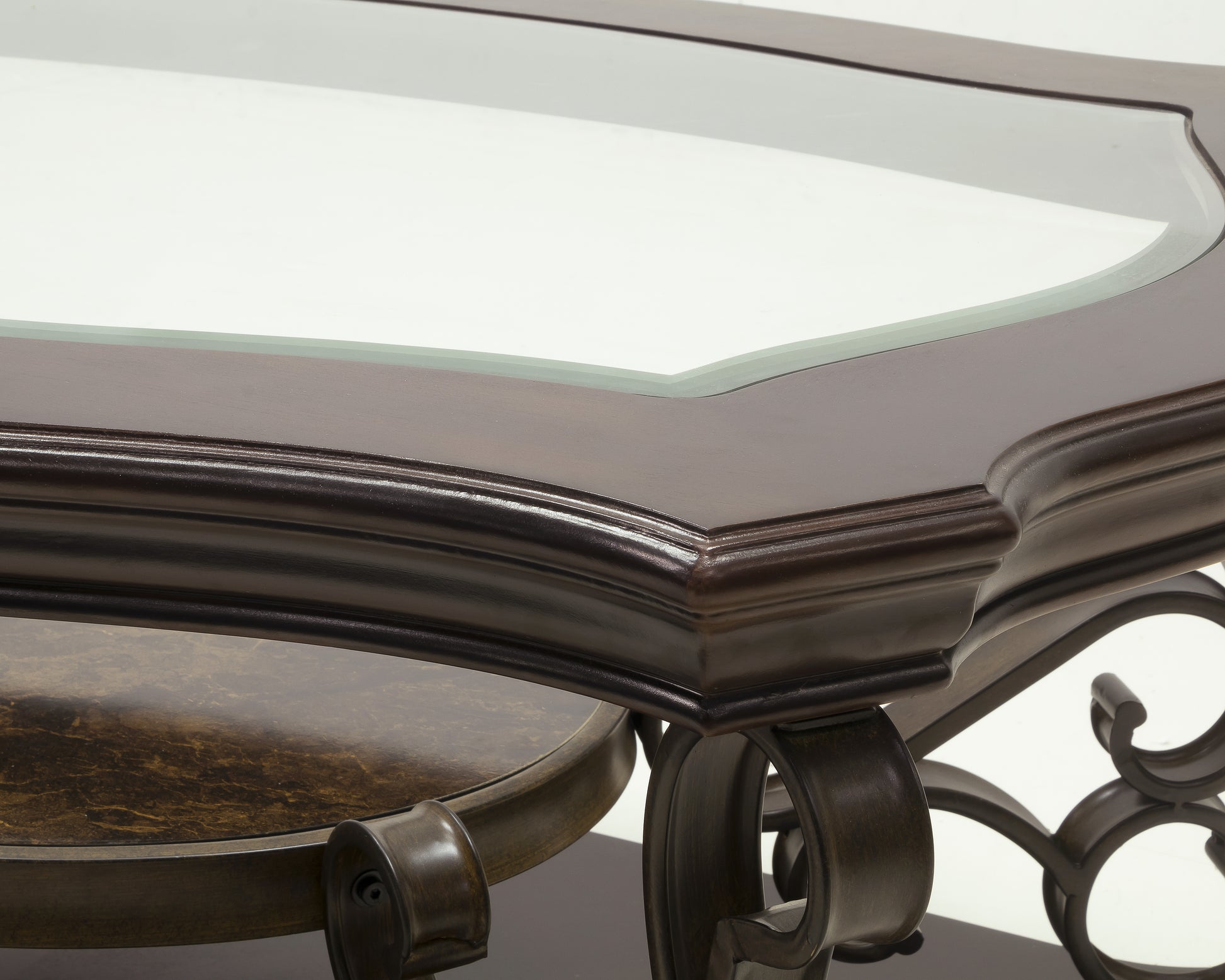 Cocktail Table, Glass table top, MDF W/marble paper middle shelf, powder coat finish metal legs. (52"Lx32"Wx20.3"H) image 3