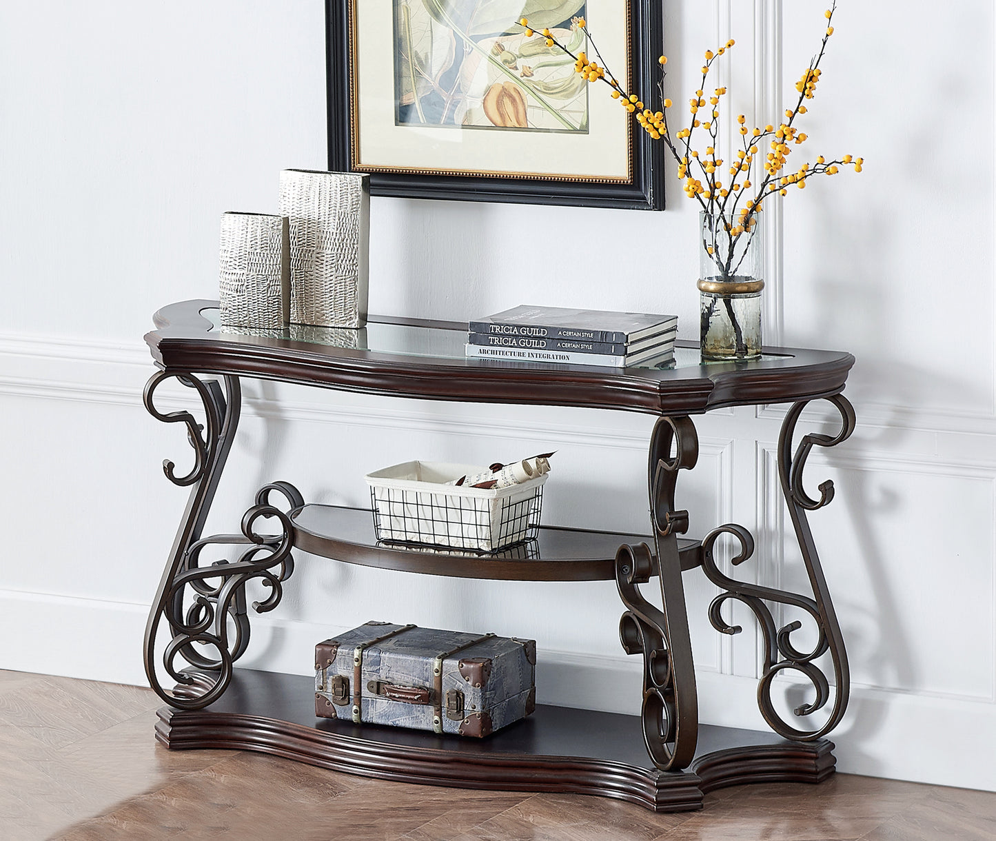 Sofa Table, Glass table top, MDF W/marble paper middle shelf, powder coat finish metal legs. (54"Lx20"Wx30"H) image 1