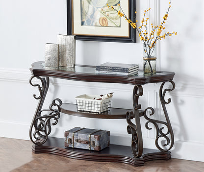 Sofa Table, Glass table top, MDF W/marble paper middle shelf, powder coat finish metal legs. (54"Lx20"Wx30"H) image 1