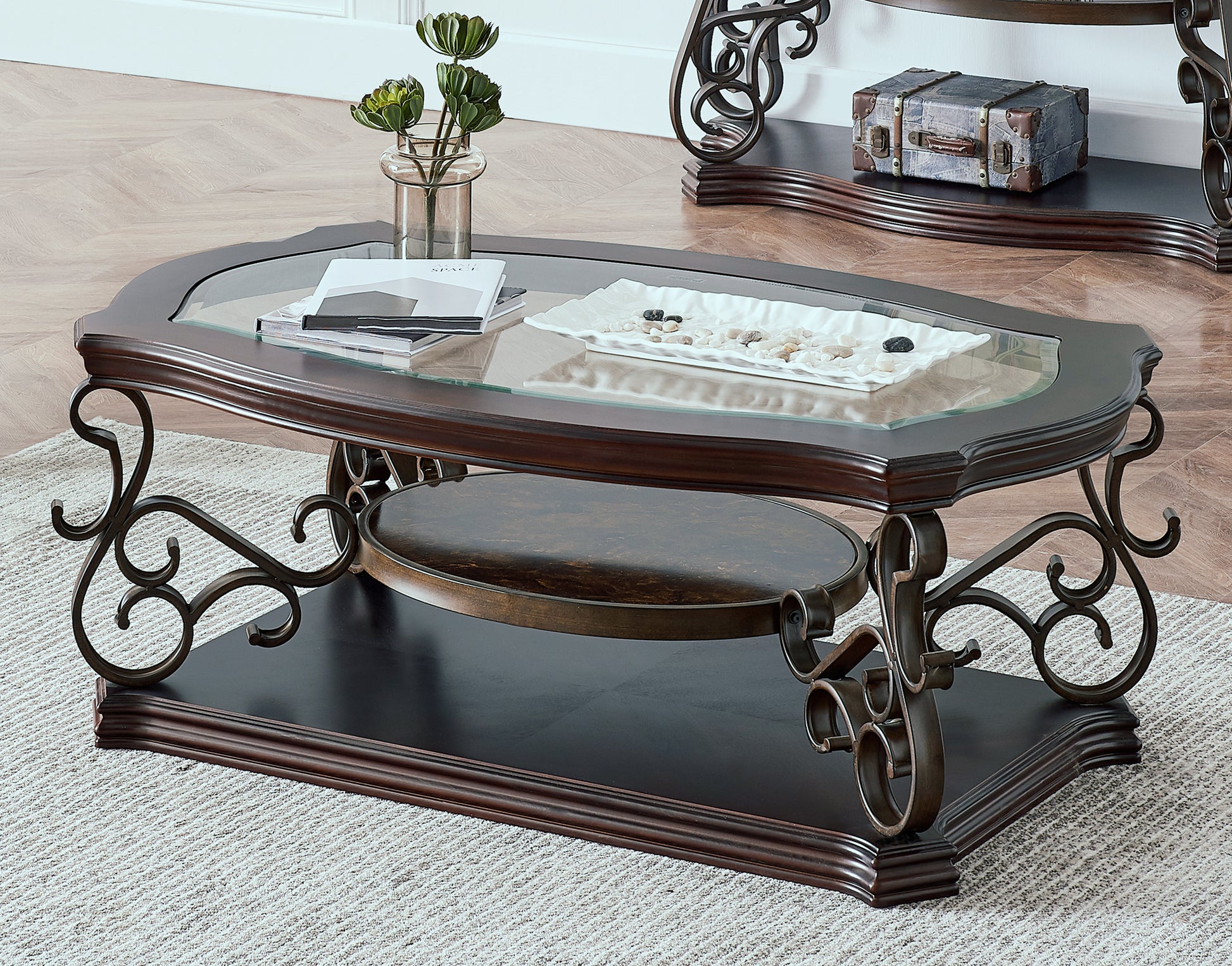 Cocktail Table, Glass table top, MDF W/marble paper middle shelf, powder coat finish metal legs. (52"Lx32"Wx20.3"H) image 1