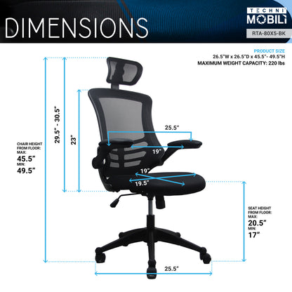 Techni Mobili Modern High-Back Mesh Executive Office Chair with Headrest and Flip-Up Arms, Black image 4