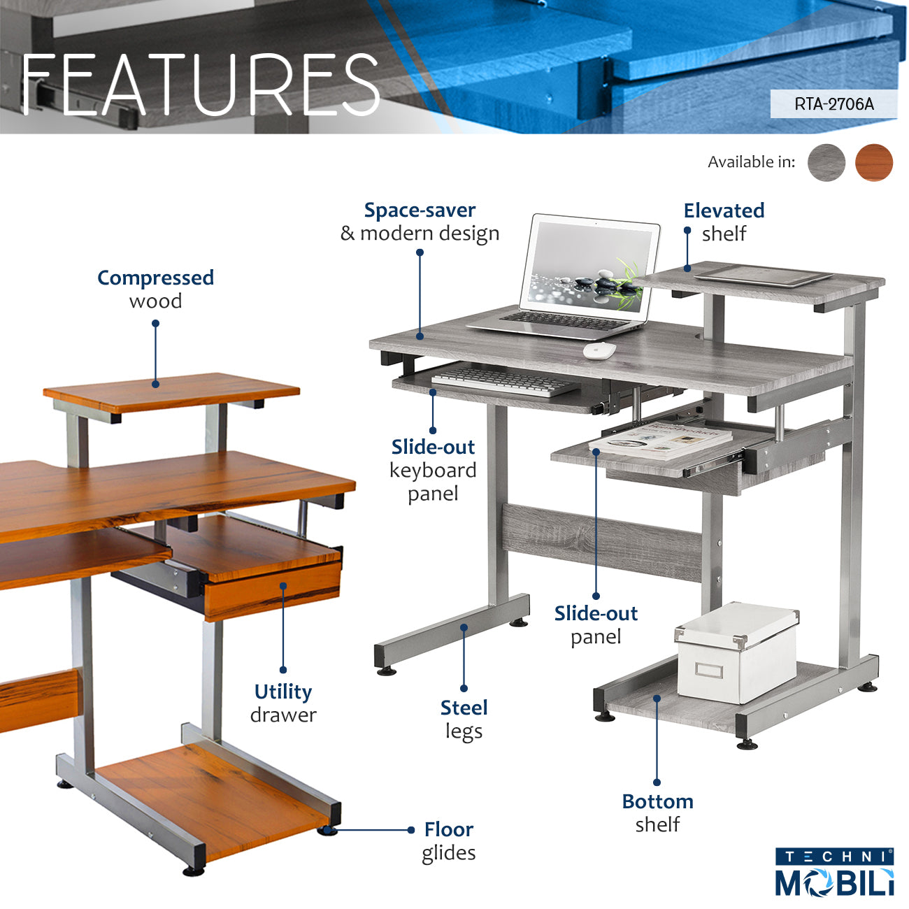 Techni Mobili Complete Computer Workstation Desk, Woodgrain image 3