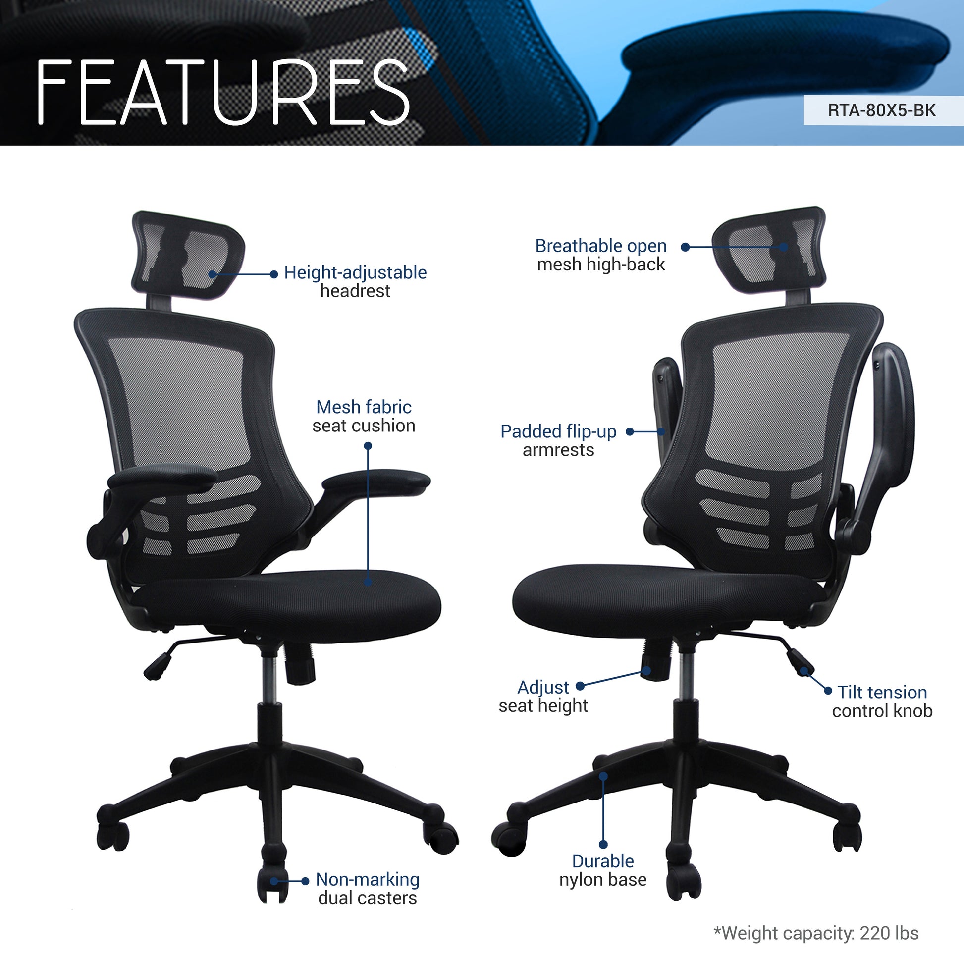 Techni Mobili Modern High-Back Mesh Executive Office Chair with Headrest and Flip-Up Arms, Black image 3