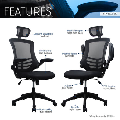 Techni Mobili Modern High-Back Mesh Executive Office Chair with Headrest and Flip-Up Arms, Black image 3