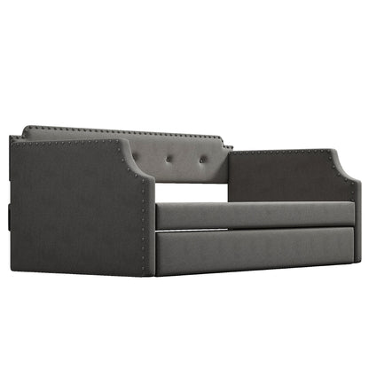 Upholstered Daybed with Trundle, Wood Slat Support,Upholstered Frame Sofa Bed, Twin,Gray image 8