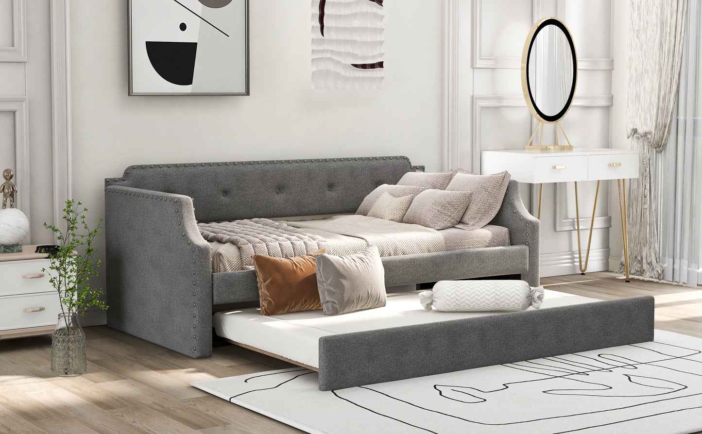 Upholstered Daybed with Trundle, Wood Slat Support,Upholstered Frame Sofa Bed, Twin,Gray image 4