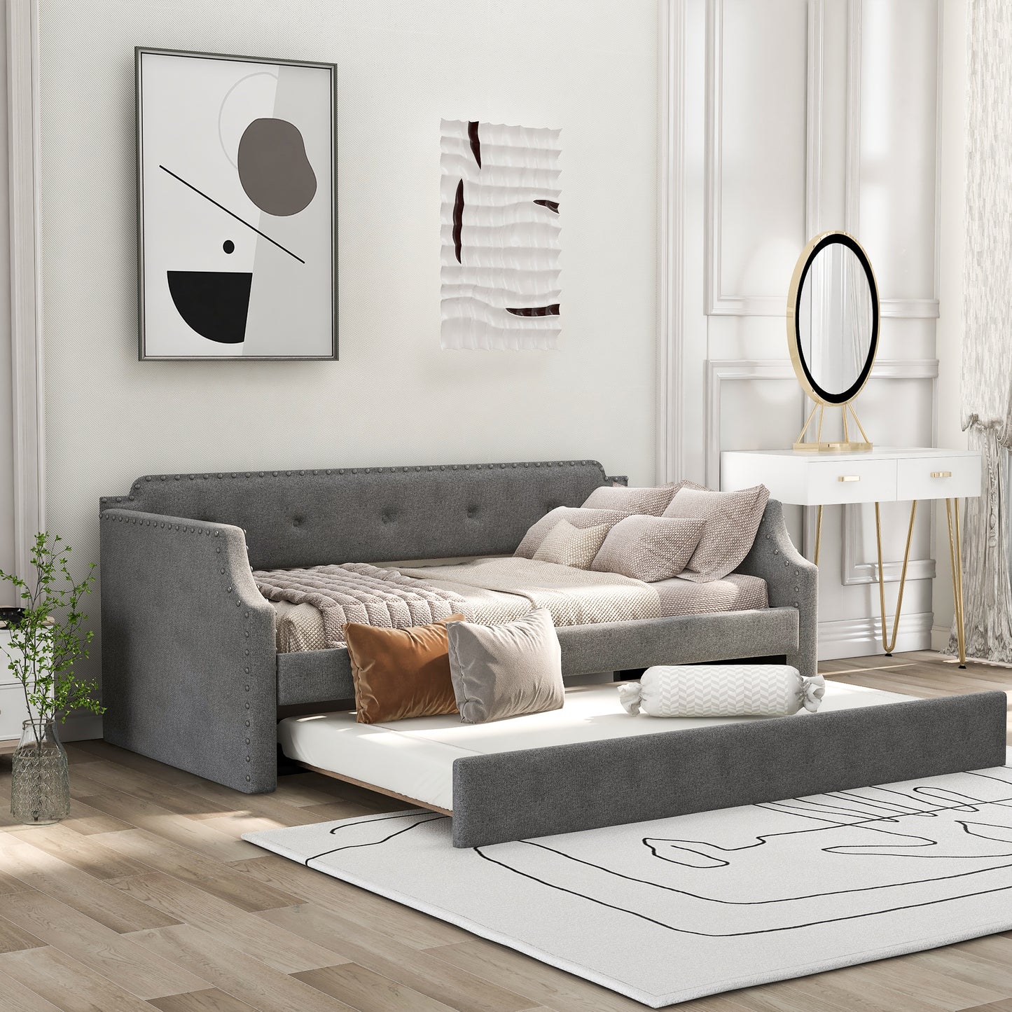 Upholstered Daybed with Trundle, Wood Slat Support,Upholstered Frame Sofa Bed, Twin,Gray image 1