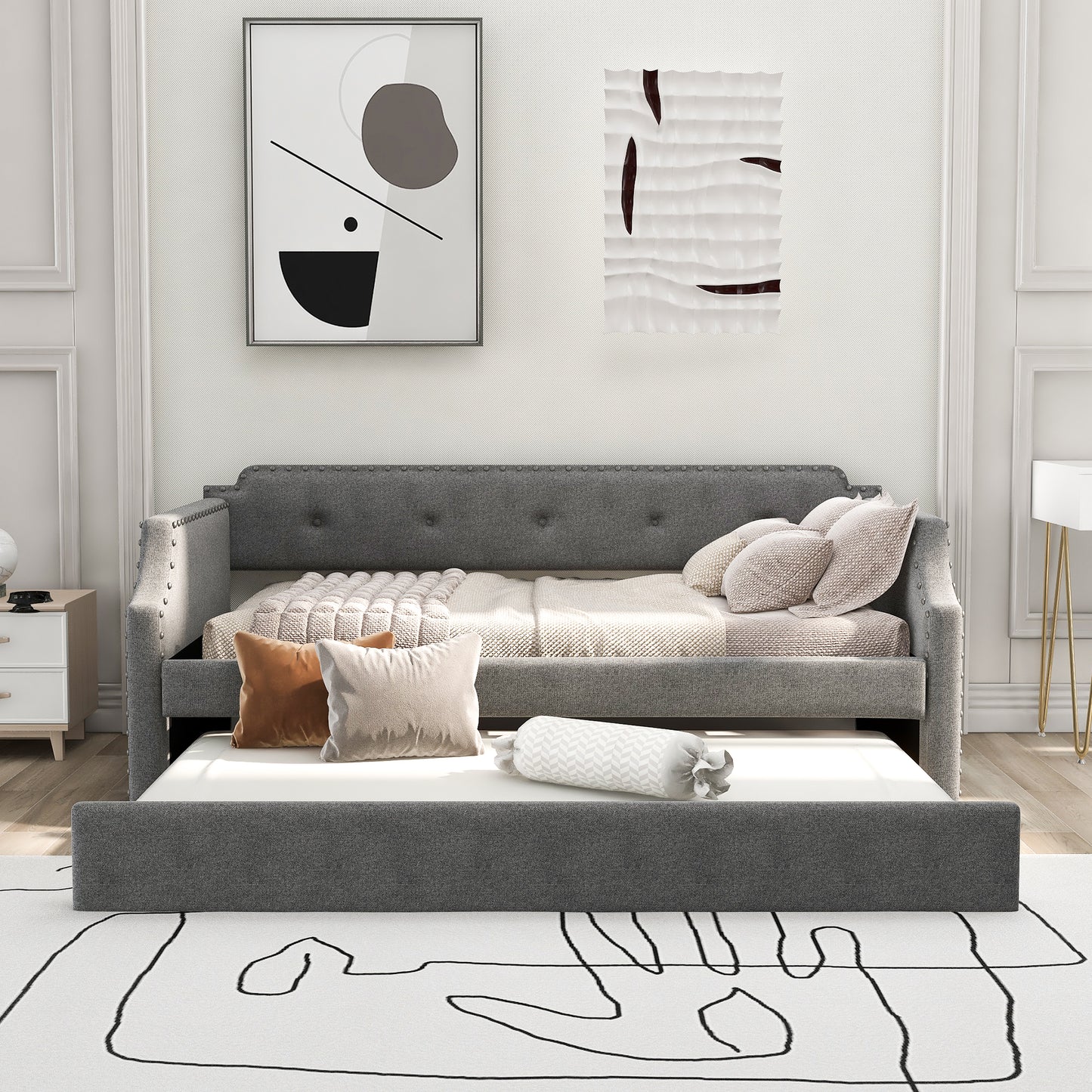 Upholstered Daybed with Trundle, Wood Slat Support,Upholstered Frame Sofa Bed, Twin,Gray image 3