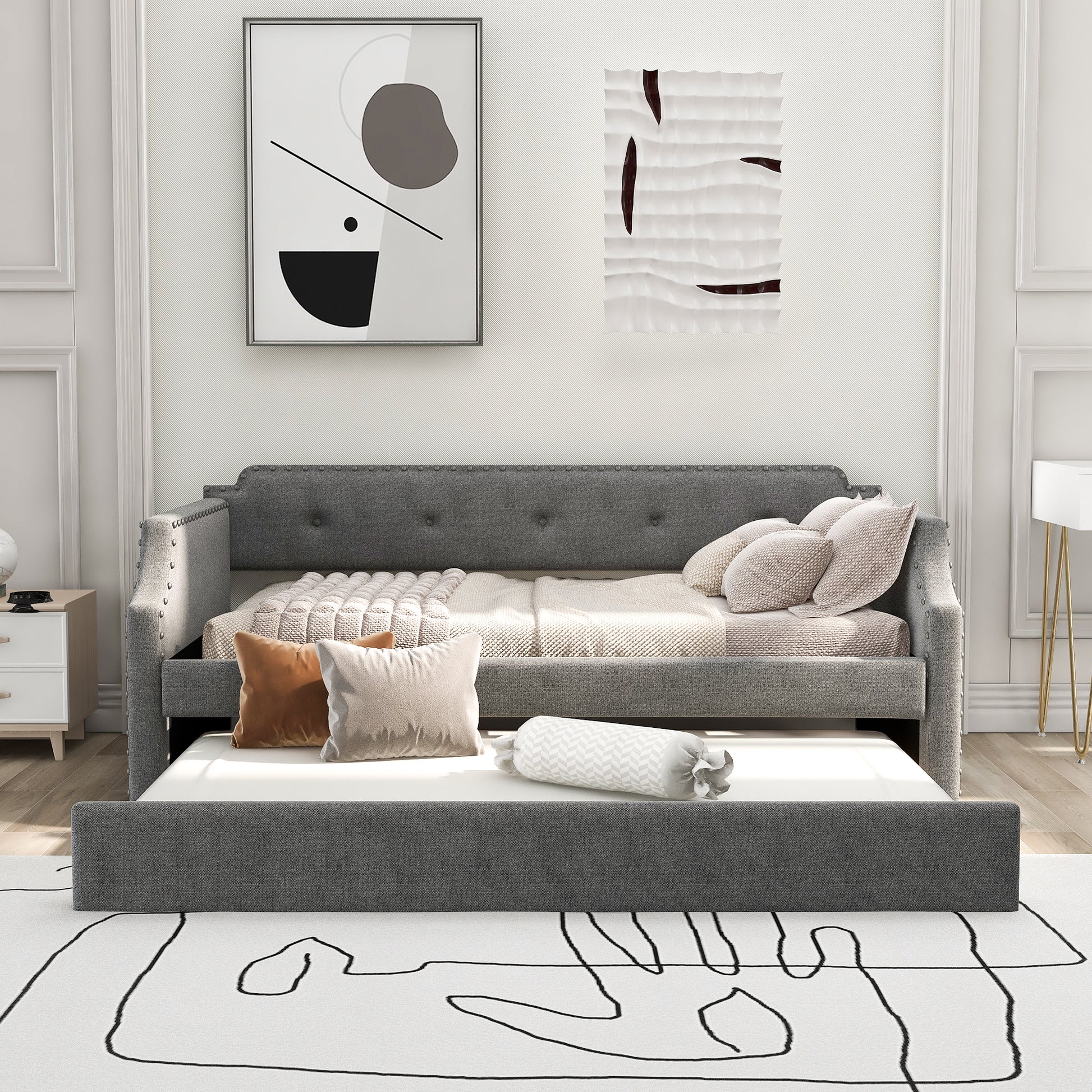 Upholstered Daybed with Trundle, Wood Slat Support,Upholstered Frame Sofa Bed, Twin,Gray image 3